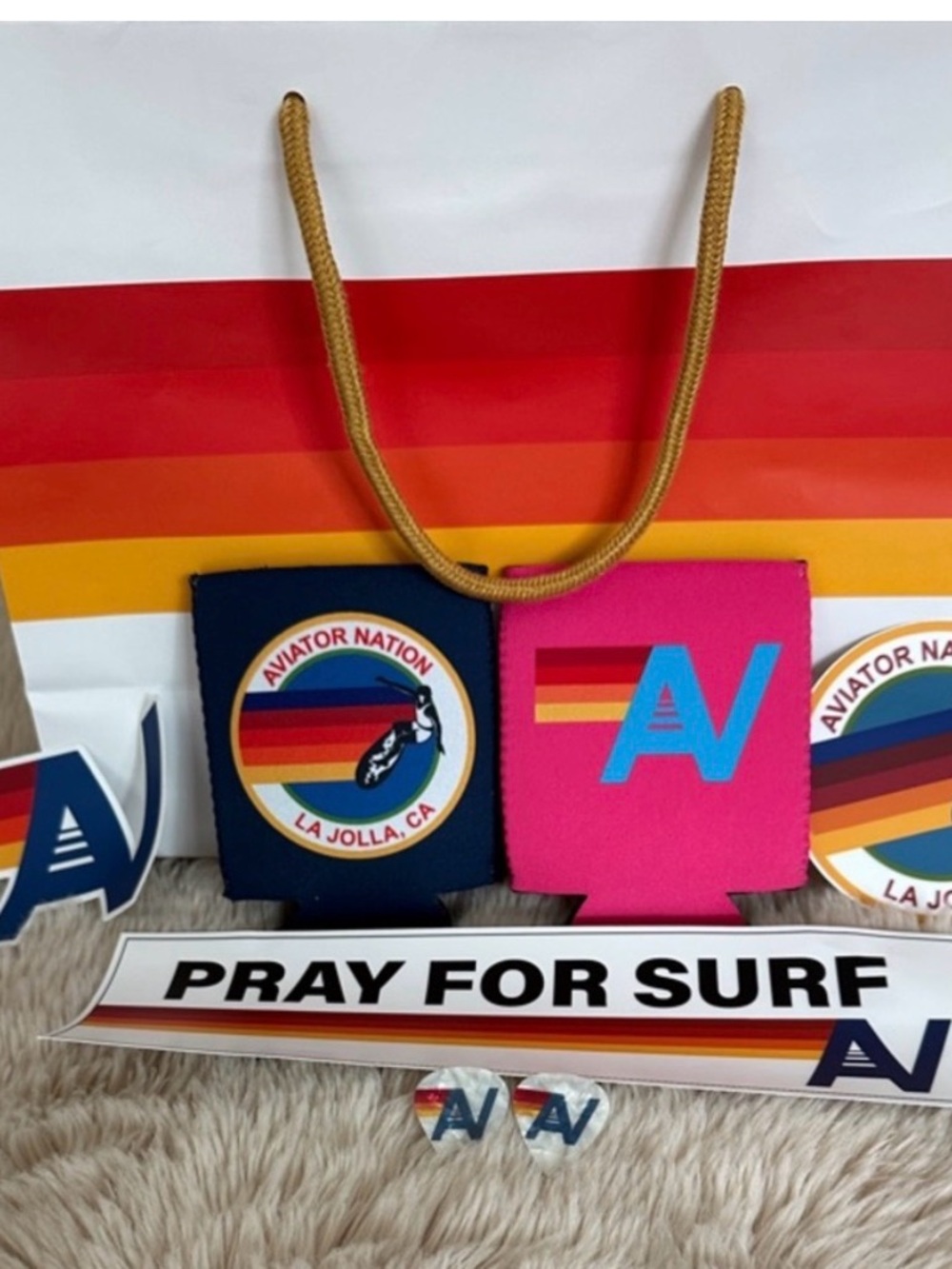 Aviator Nation La Jolla koozie, guitar pick & La Jolla sticker w/ paper bag